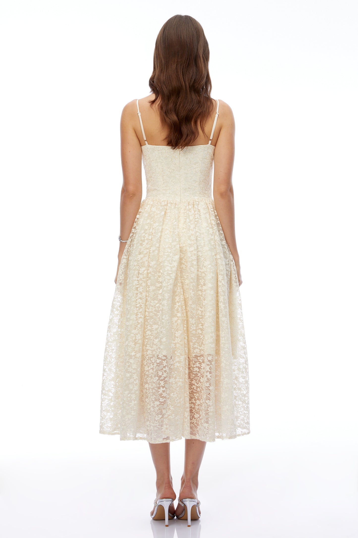 Ihaka Cream Sweetheart Lace Pleated Midi Dress