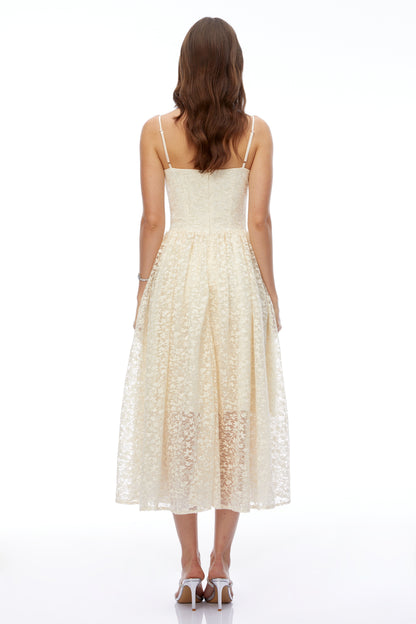 Ihaka Cream Sweetheart Lace Pleated Midi Dress
