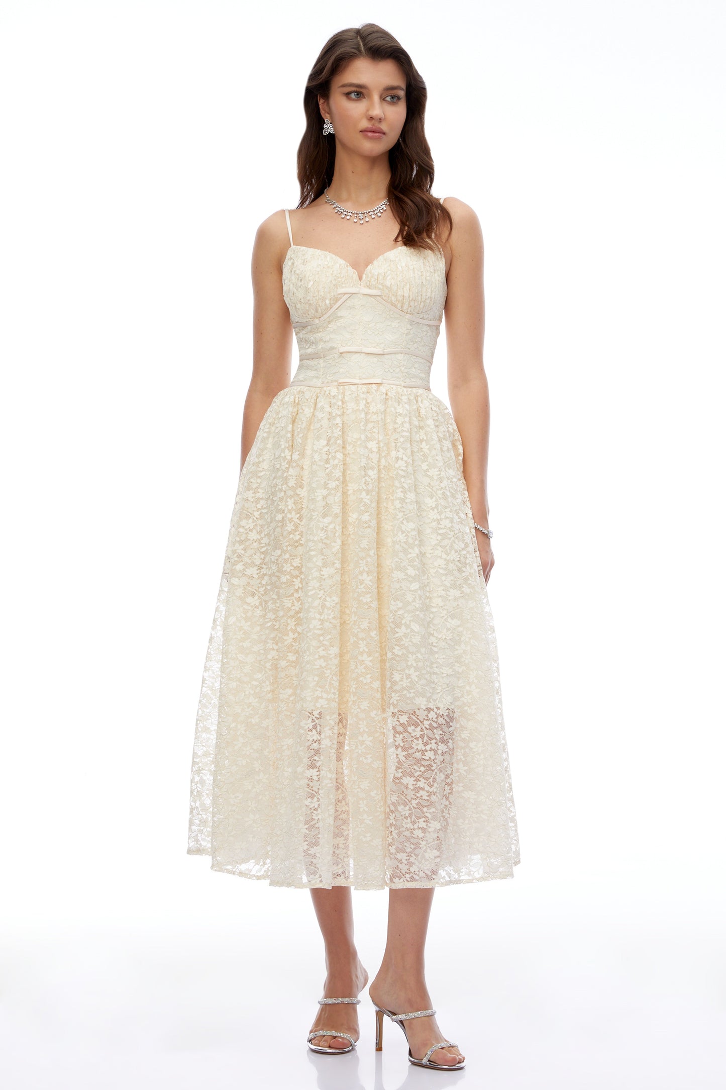 Ihaka Cream Sweetheart Lace Pleated Midi Dress