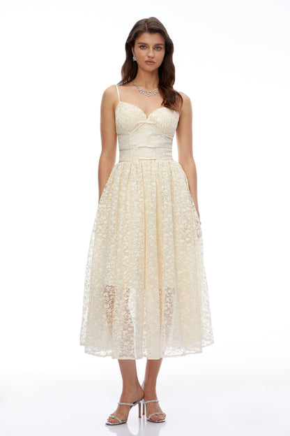 Ihaka Cream Sweetheart Lace Pleated Midi Dress