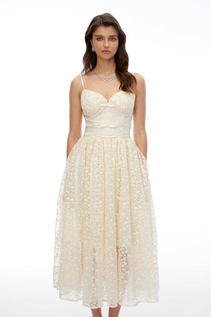 Ihaka Cream Sweetheart Lace Pleated Midi Dress