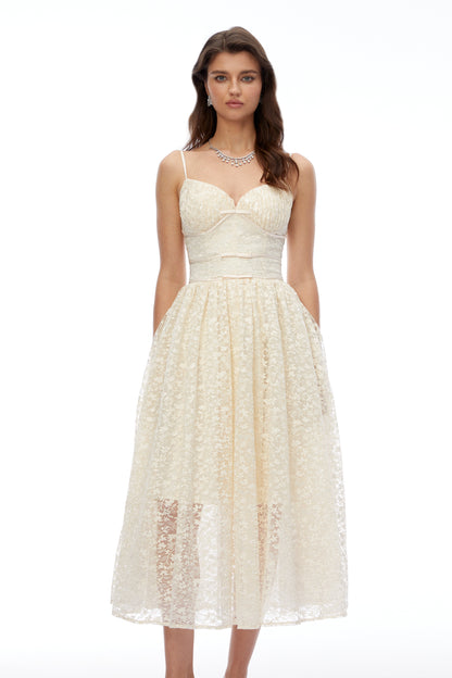 Ihaka Cream Sweetheart Lace Pleated Midi Dress