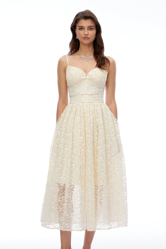Ihaka Cream Sweetheart Lace Pleated Midi Dress