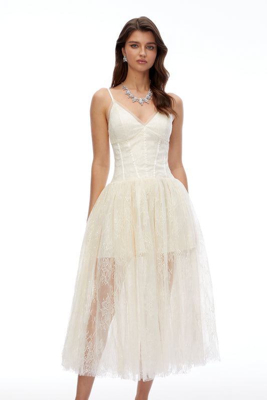 Ikaroa Cream Sweetheart Lace Midi Dress