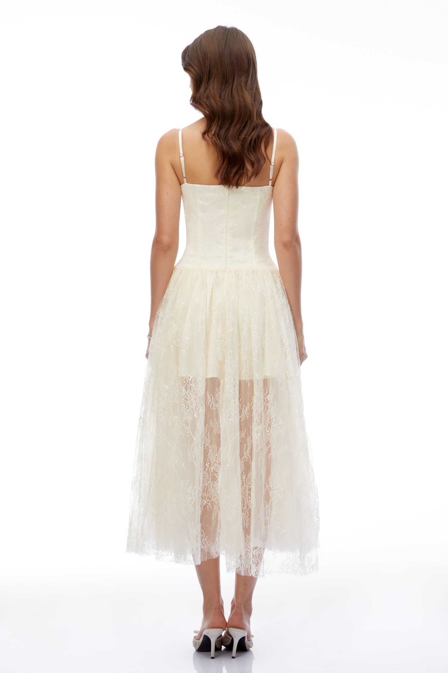 Ikaroa Cream Sweetheart Lace Midi Dress