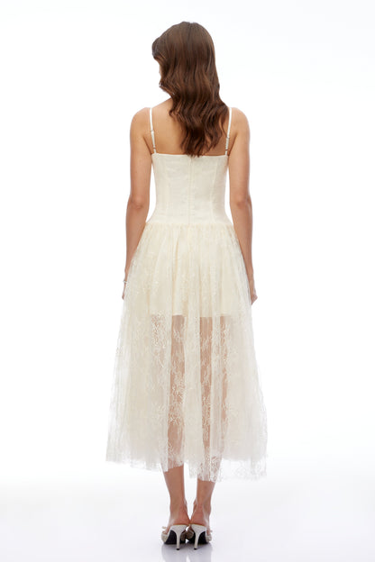 Ikaroa Cream Sweetheart Lace Midi Dress