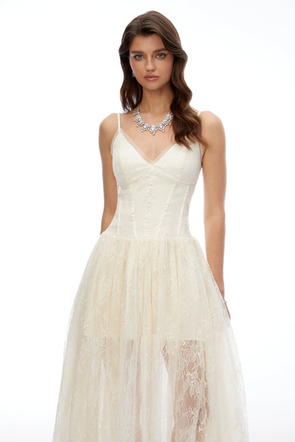 Ikaroa Cream Sweetheart Lace Midi Dress