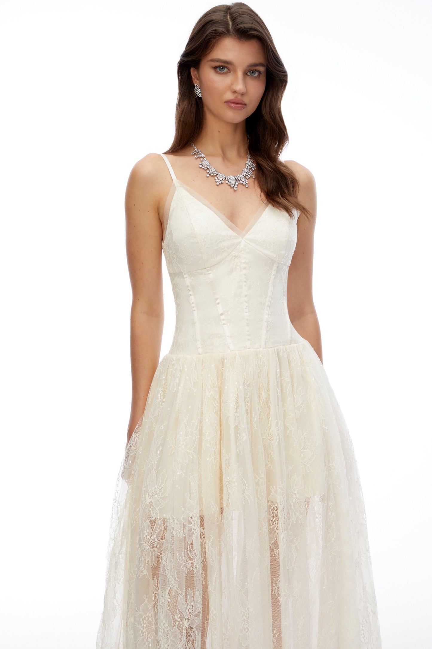 Ikaroa Cream Sweetheart Lace Midi Dress