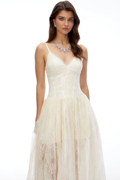 Ikaroa Cream Sweetheart Lace Midi Dress