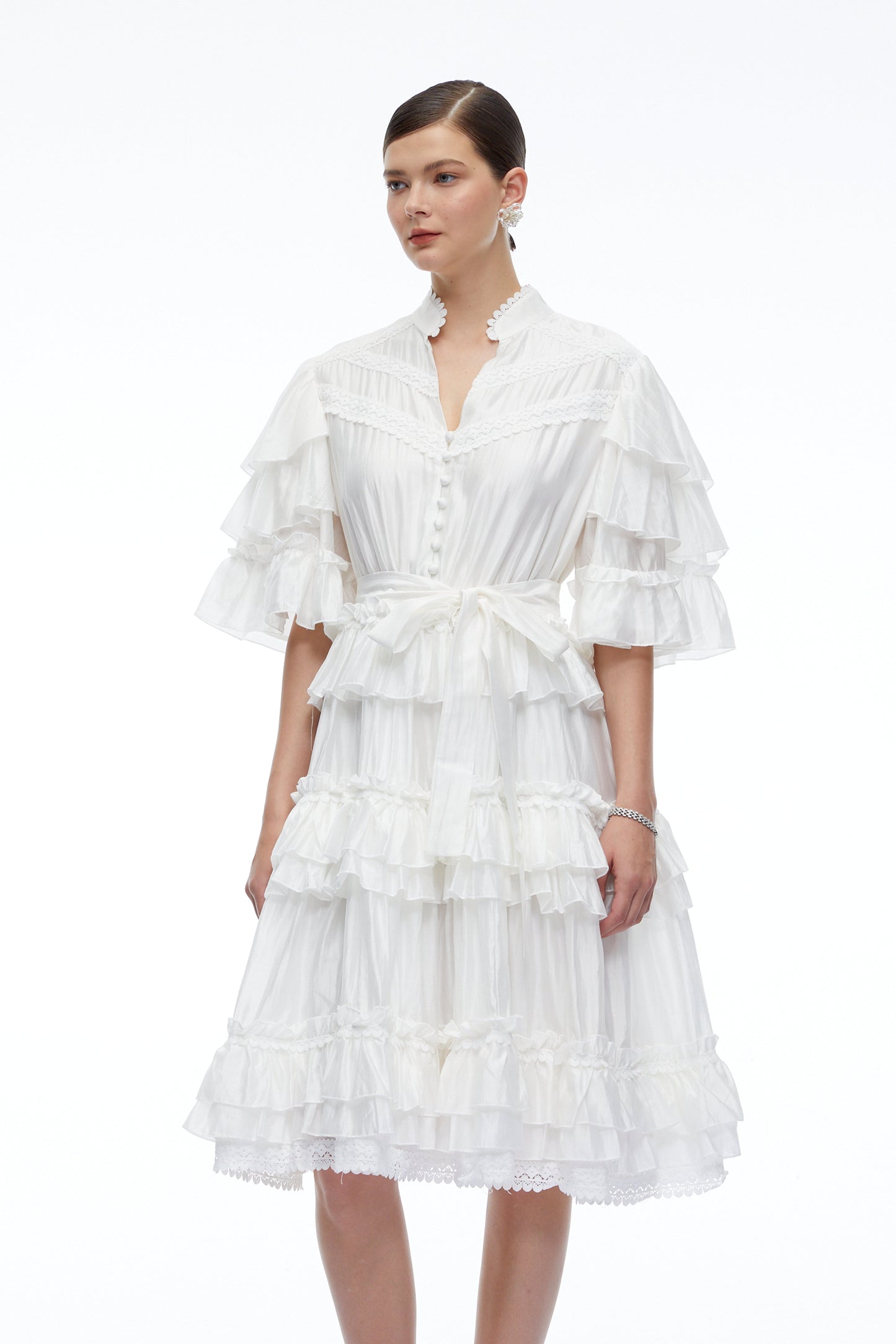 Ilaria White Tiered Short Sleeves Mini Dress