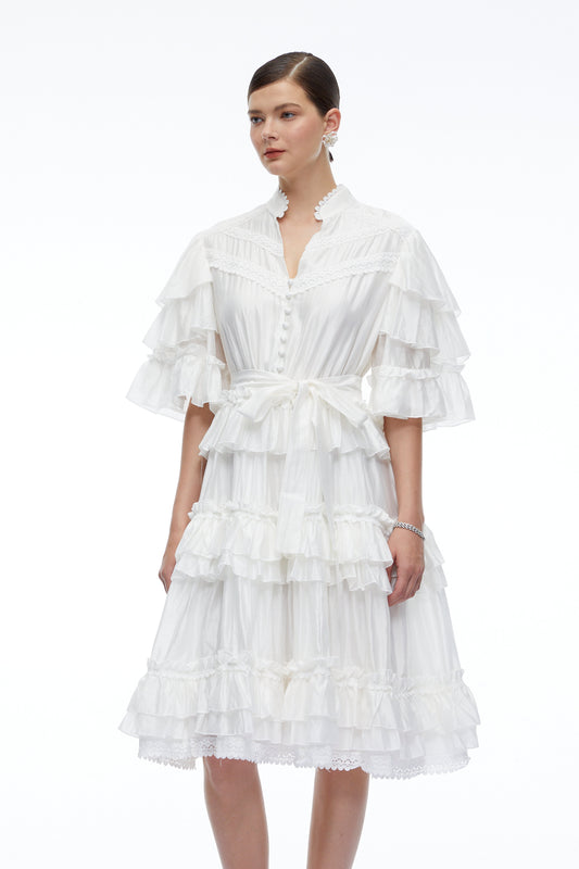 Ilaria White Tiered Short Sleeves Mini Dress