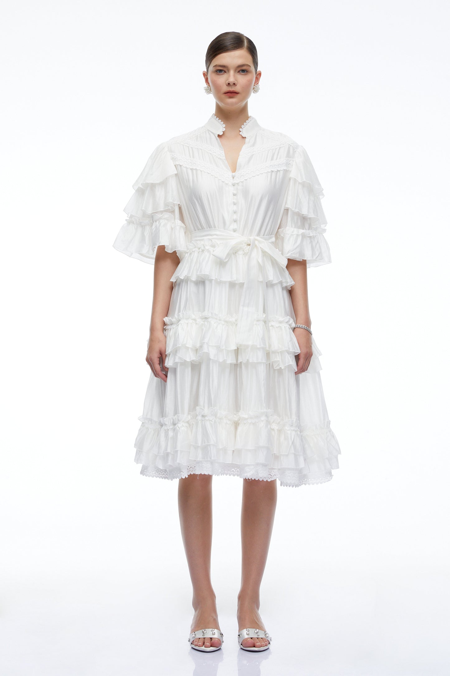 Ilaria White Tiered Short Sleeves Mini Dress