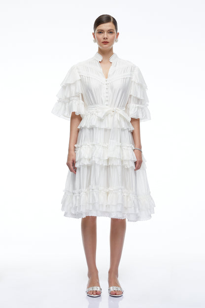 Ilaria White Tiered Short Sleeves Mini Dress