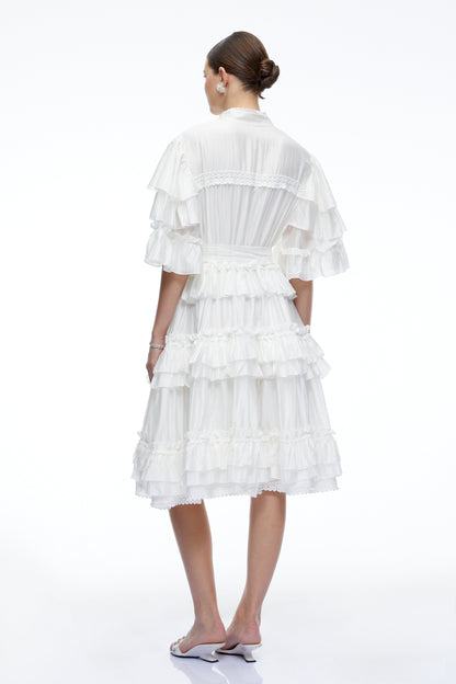 Ilaria White Tiered Short Sleeves Mini Dress
