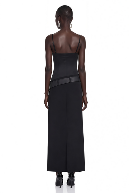 Ilona Black Satin Asymmetrical Maxi Dress