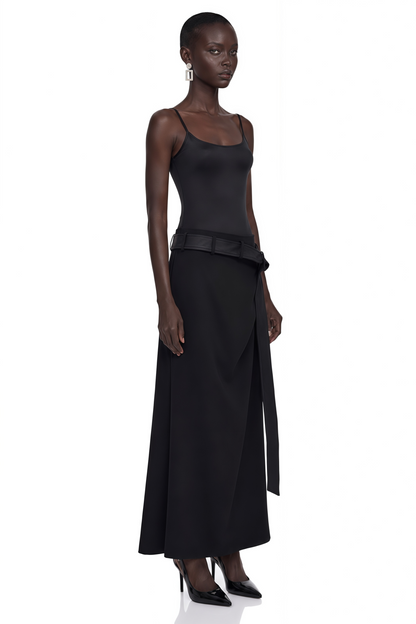 Ilona Black Satin Asymmetrical Maxi Dress