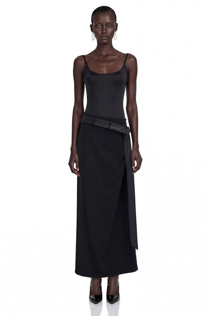 Ilona Black Satin Asymmetrical Maxi Dress