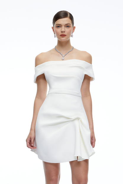 Imogen White Off Shoulder Draped Mini Dress with Ruffles
