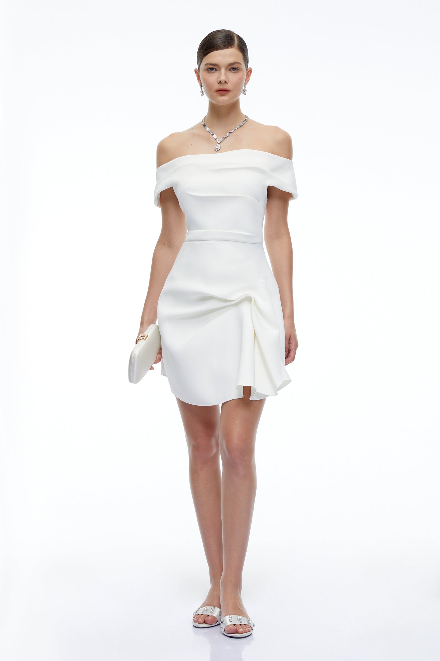 Imogen White Off Shoulder Draped Mini Dress with Ruffles