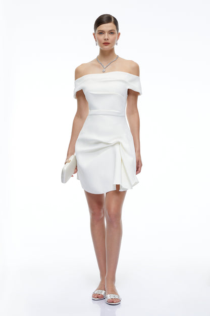 Imogen White Off Shoulder Draped Mini Dress with Ruffles