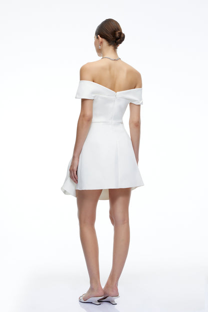 Imogen White Off Shoulder Draped Mini Dress with Ruffles