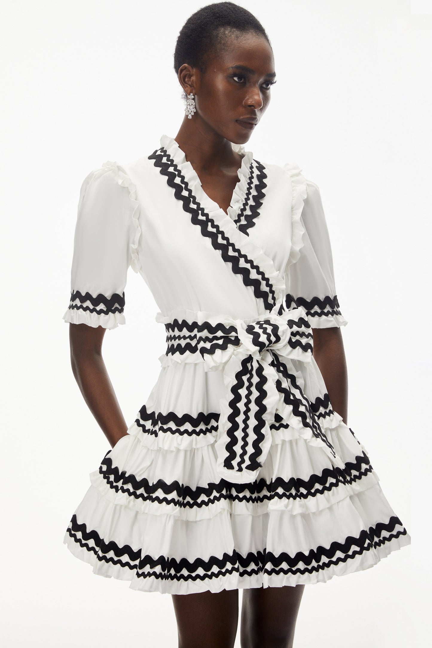 Inanna White V-Neck Ruffled Mini Dress