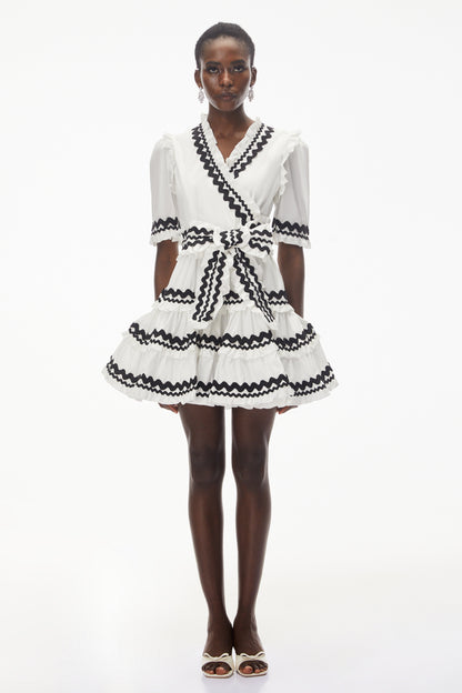 Inanna White V-Neck Ruffled Mini Dress