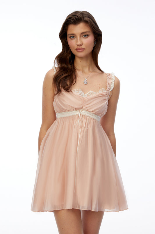 Inez Pembe Dantelli Dantelli Mini Elbise