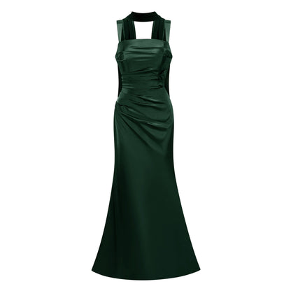 Inmaculada Emerald Ruched Satin Maxi Dress (Without Gloves)
