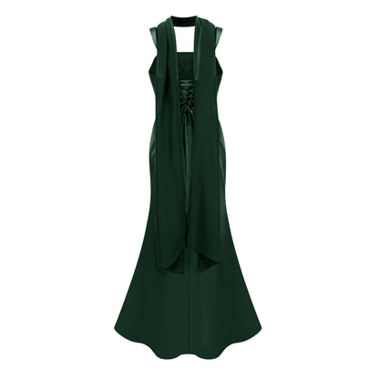 Inmaculada Emerald Ruched Satin Maxi Dress (Without Gloves)