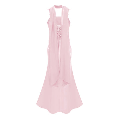 Inmaculada Pembe Dantelli Saten Uzun Elbise (Eldivensiz)