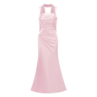 Inmaculada Pink Ruched Satin Maxi Dress (Without Gloves)