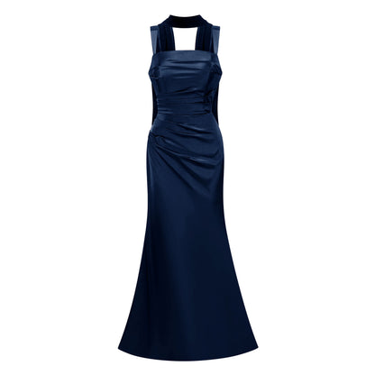 Inmaculada Sapphire Ruched Satin Maxi Dress (Without Gloves)