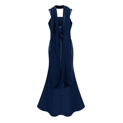 Inmaculada Safir Dantelli Saten Maxi Elbise (Eldivensiz)
