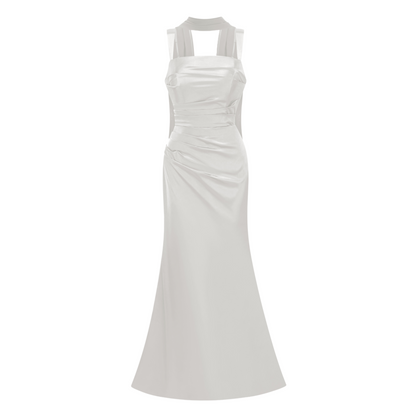 Inmaculada White Ruched Satin Maxi Dress (Without Gloves)