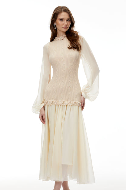 Iolanthe Champagne Floral Tulle Midi Dress
