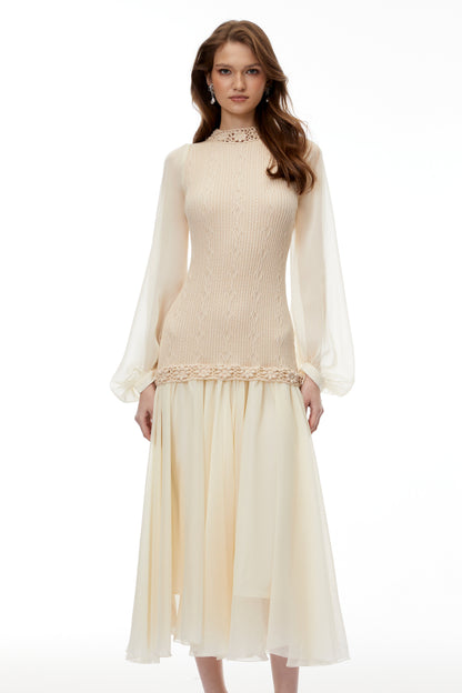 Iolanthe Champagne Floral Tulle Midi Dress