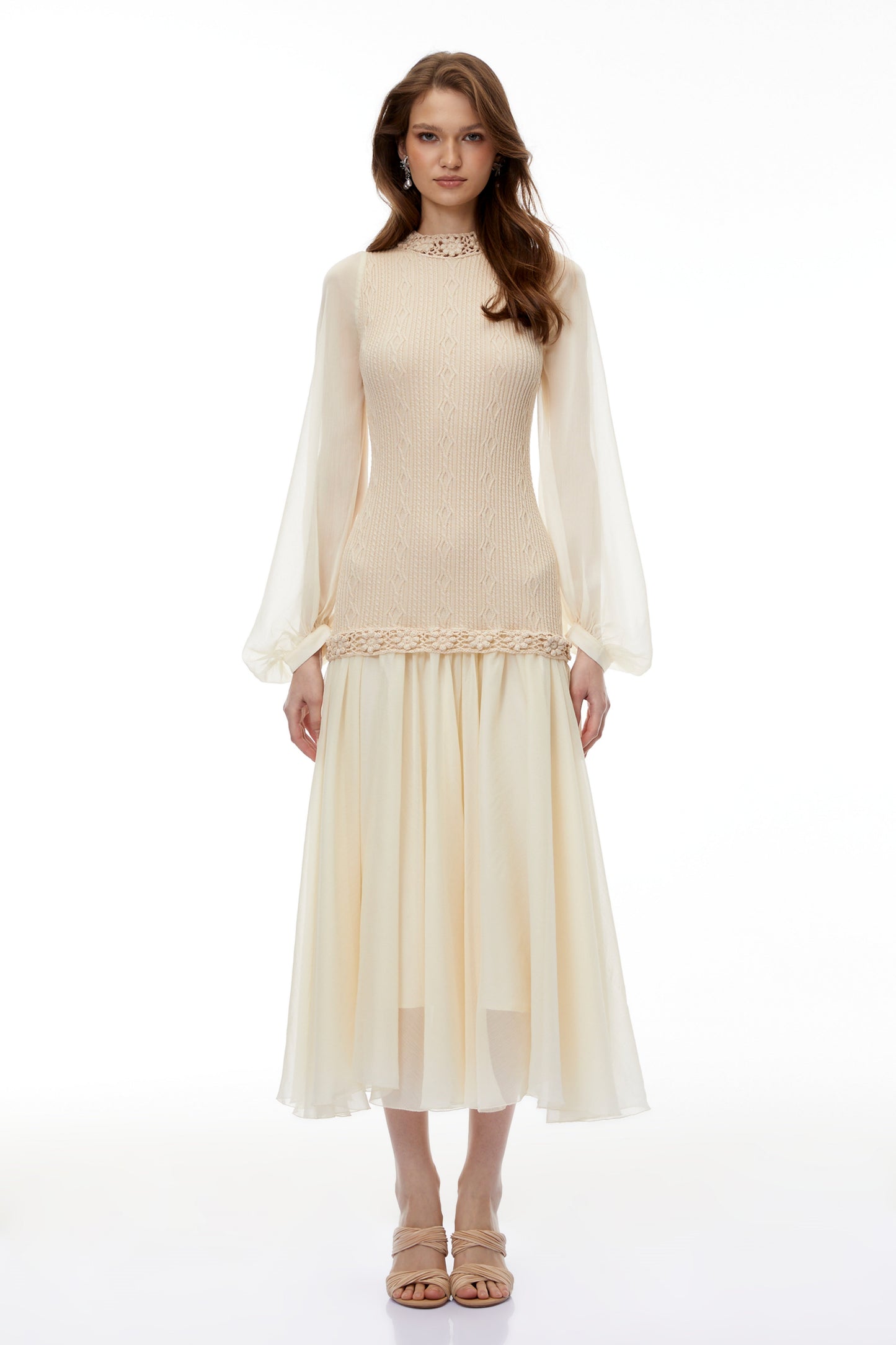 Iolanthe Champagne Floral Tulle Midi Dress