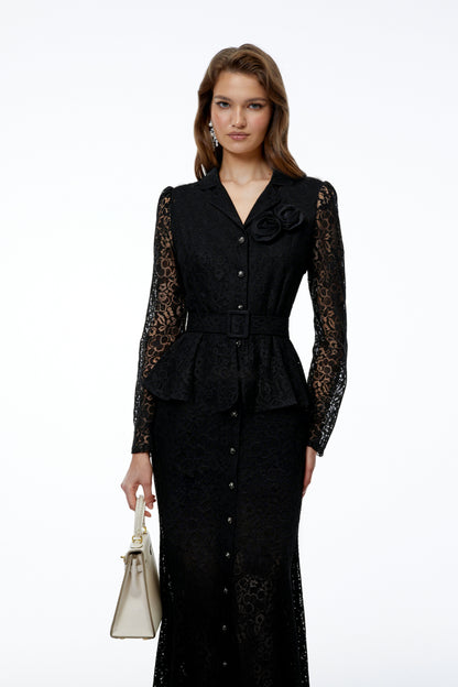 Iona Black Lace Maxi Dress with 3D Florals