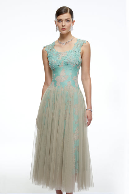 Ione Mint Green Lace Mesh Tulle Midi Dress