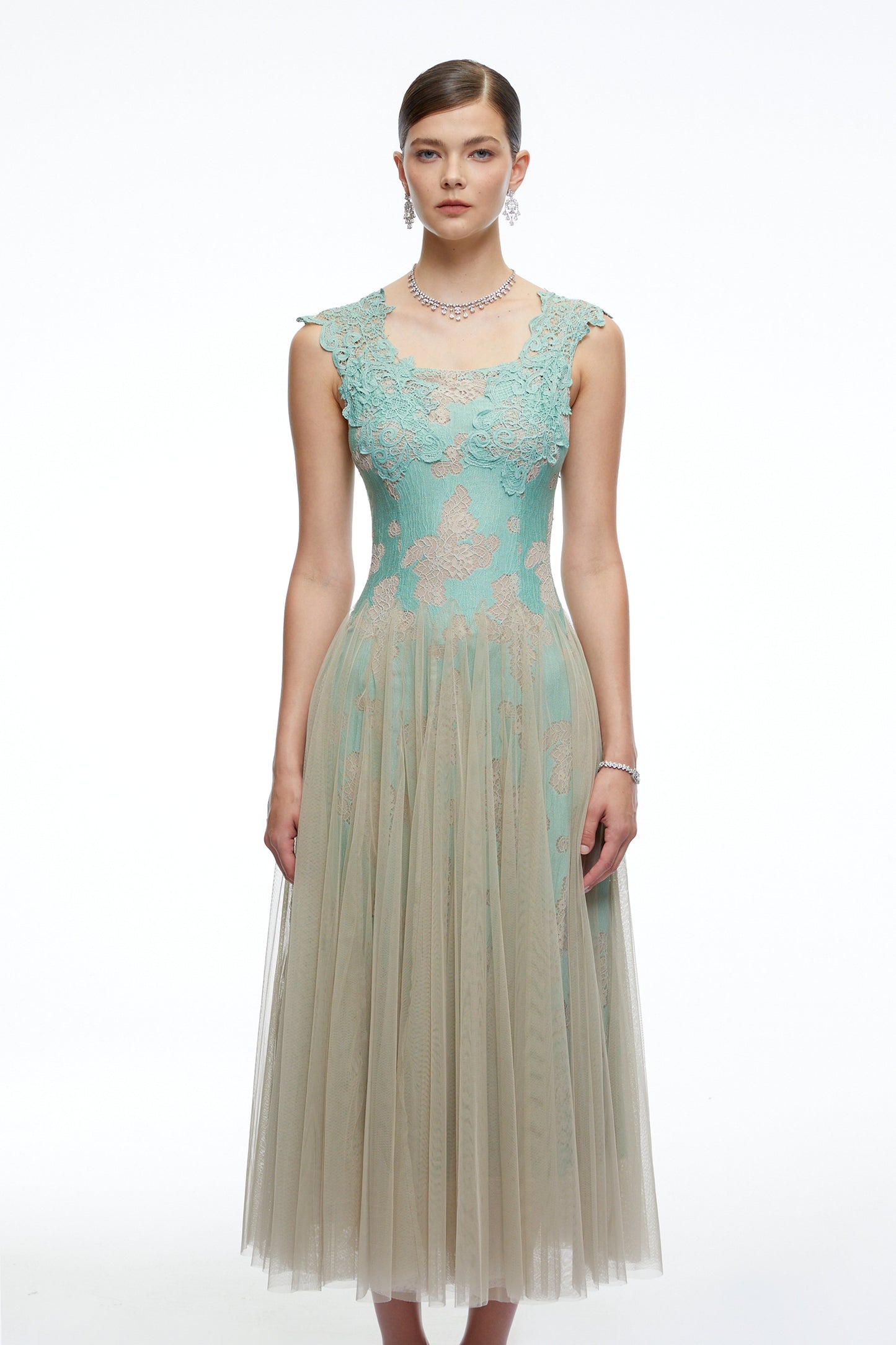 Ione Mint Green Lace Mesh Tulle Midi Dress