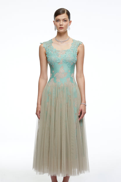 Ione Mint Green Lace Mesh Tulle Midi Dress