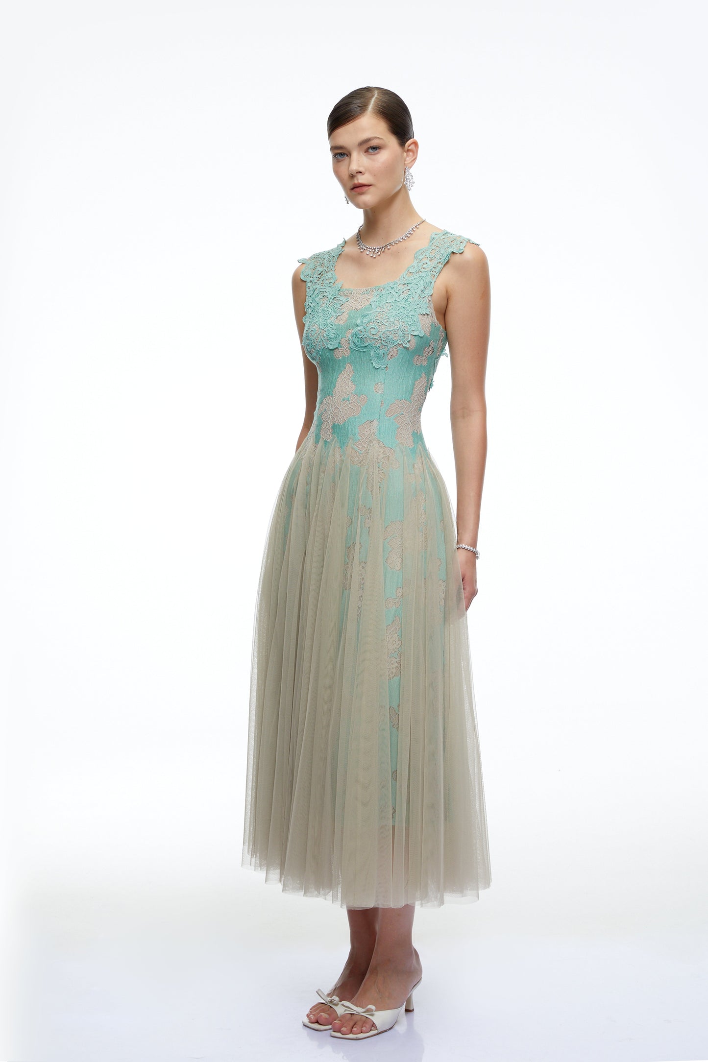 Ione Mint Green Lace Mesh Tulle Midi Dress