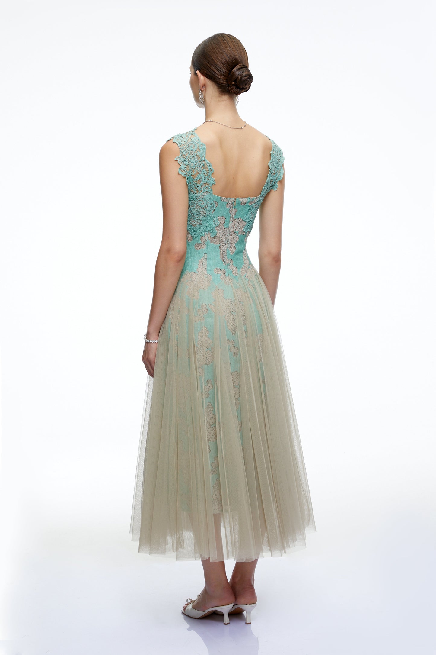 Ione Mint Green Lace Mesh Tulle Midi Dress