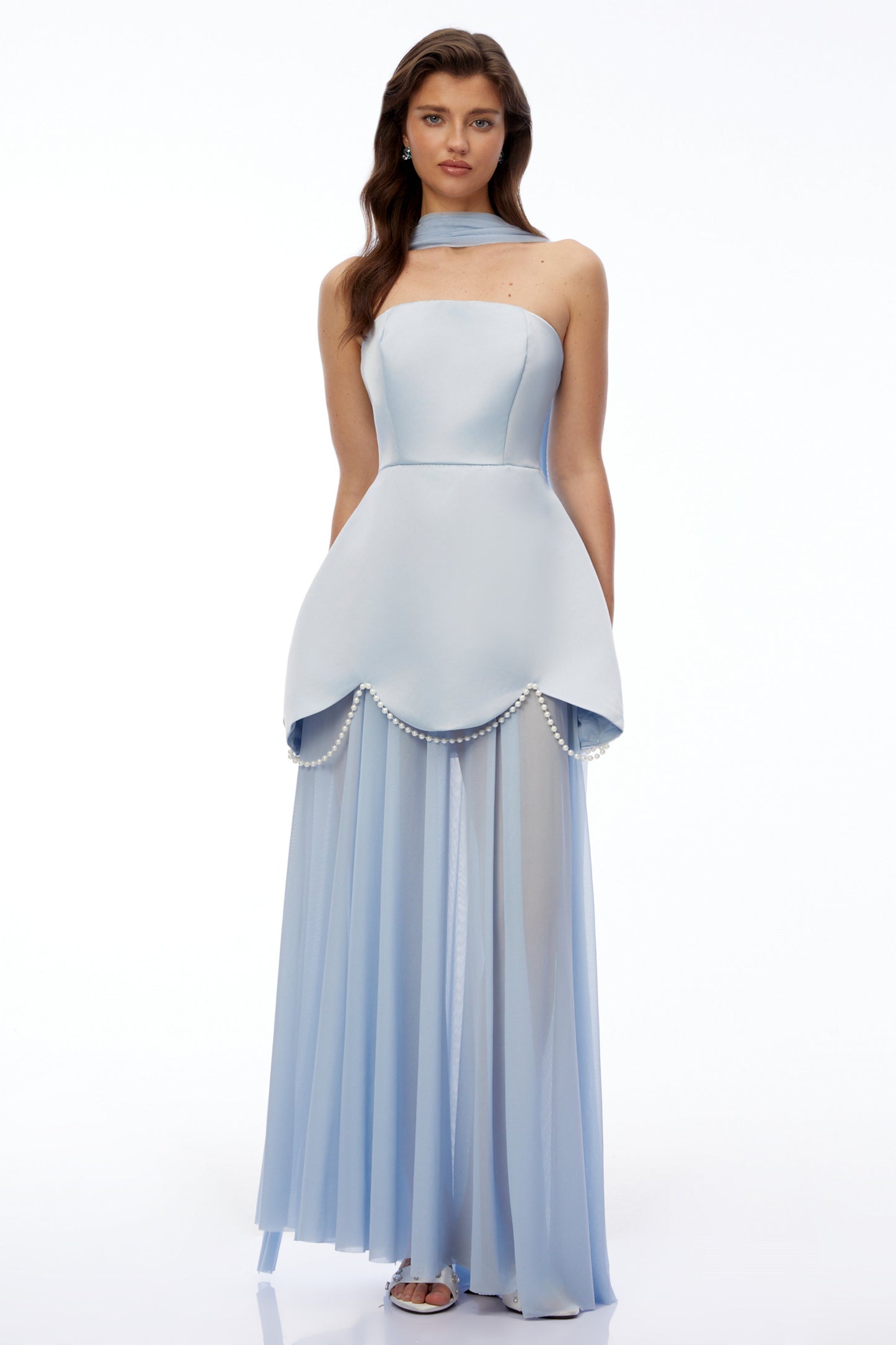 Iphigenia Light Blue Strapless Maxi Dress with Scallop Trim
