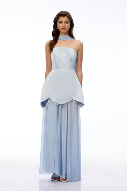 Iphigenia Light Blue Strapless Maxi Dress with Scallop Trim