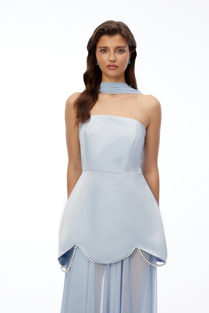 Iphigenia Light Blue Strapless Maxi Dress with Scallop Trim