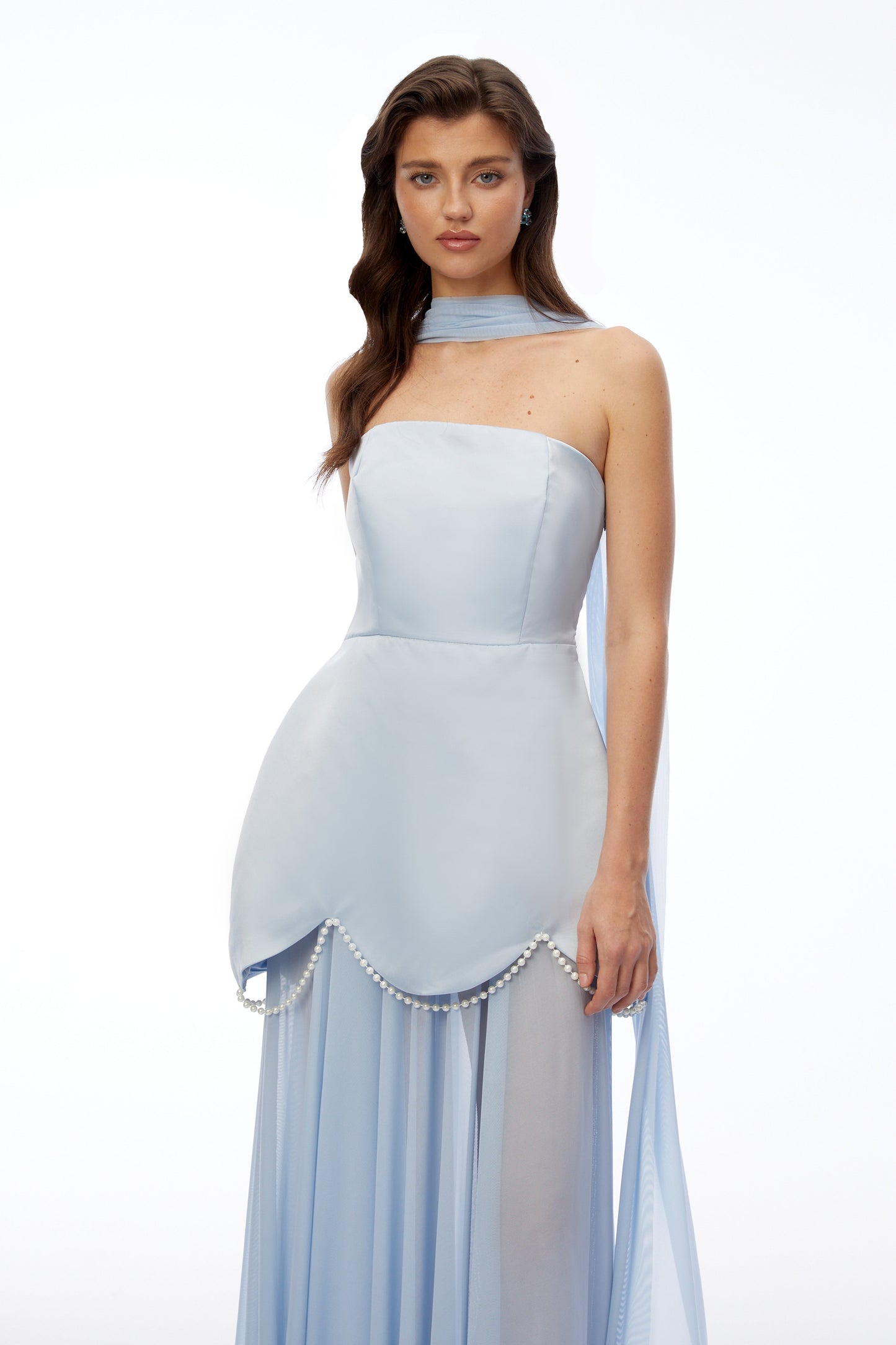 Iphigenia Light Blue Strapless Maxi Dress with Scallop Trim