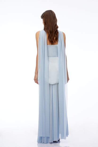 Iphigenia Light Blue Strapless Maxi Dress with Scallop Trim