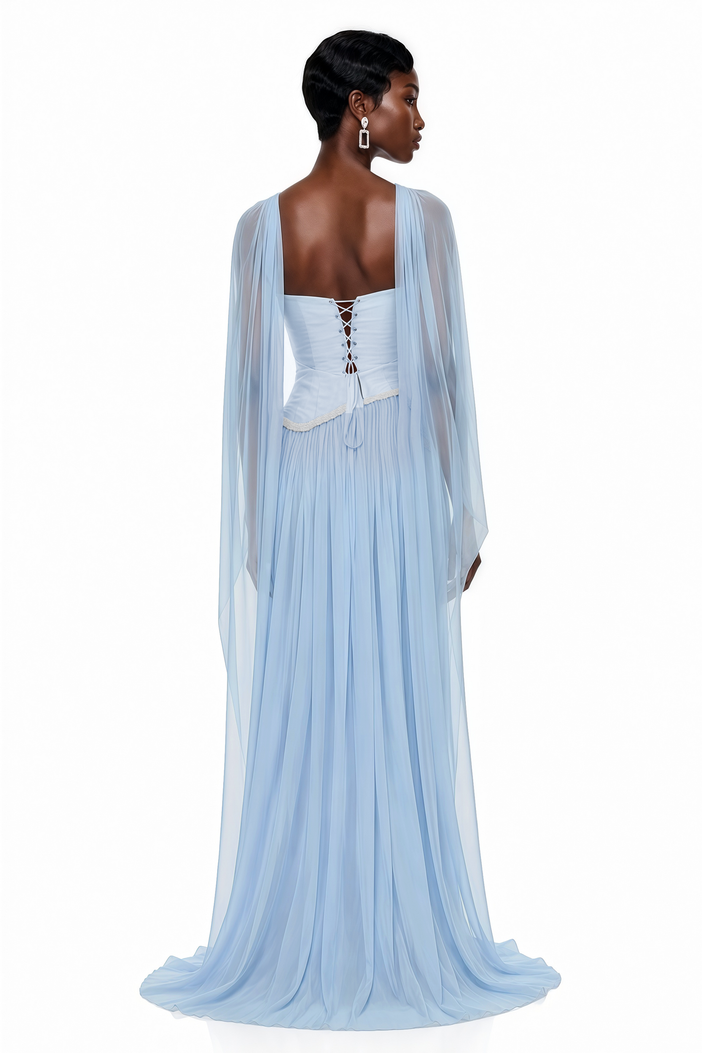 Iris Blue Embellished Asymmetrical Maxi Dress with Cape